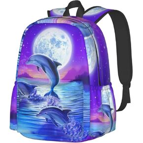 KiuLoam 17 Inch Backpack Dolphin Jumping Under Moonlight Laptop Backpack Shoulder Bag School Bookbag Casual Daypack