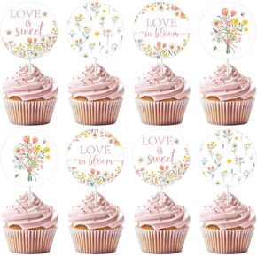 Love Is In Bloom Bridal Shower Decorations, 36pcs Floral Wildflower Themed Bridal Shower Decorations Cupcake Toppers for Woman Girl Bachelorette Wedding Engagement