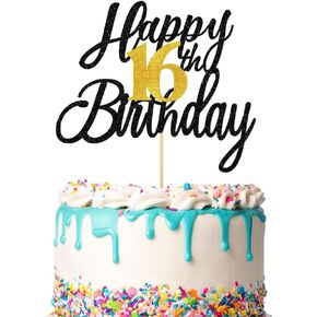 1 PCS Happy 16th Birthday Cake Topper Black Gold Glitter, Happy Sweet 16 Birthday Party Decorations for Girls & Boys