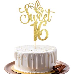 Gold Glitter Sweet 16 Cake Toppers Sweet-16 Cake-Topper Sweet Teenager 16-Cake Topper Glitter-Gold Cheers to 16 Years Birthday Anniversary Wedding Party Cakes Decor
