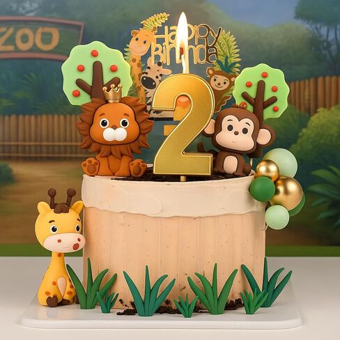 2st Birthday Safari Cake Toppers Set - 3D Lion, Monkey, Giraffe with Number 2 Candle, 8 Grass, Trees & Balls - 21PCS Jungle Animal Cake Decorations Kit for Boys Girls 2 Year Old Party (2st) in Kuwait