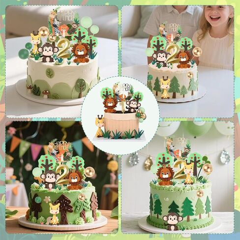 2st Birthday Safari Cake Toppers Set - 3D Lion, Monkey, Giraffe with Number 2 Candle, 8 Grass, Trees & Balls - 21PCS Jungle Animal Cake Decorations Kit for Boys Girls 2 Year Old Party (2st) in Kuwait