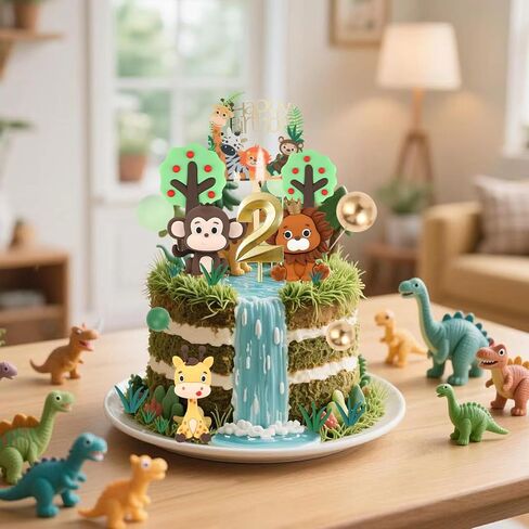 2st Birthday Safari Cake Toppers Set - 3D Lion, Monkey, Giraffe with Number 2 Candle, 8 Grass, Trees & Balls - 21PCS Jungle Animal Cake Decorations Kit for Boys Girls 2 Year Old Party (2st) in Kuwait