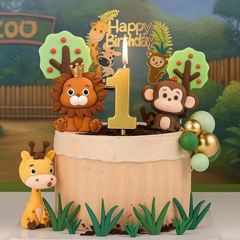 مجموعة أغطية الكعكة الثانية عيد ميلاد - أسد ثلاثي الأبعاد ، قرد ، زرافة مع شمعة 2 ، 8 العشب ، الأشجار والكرات - 21pcs مجموعة زينة كعكة الحيوان للبنين الفتيات 2 سنة (2st) in Kuwait