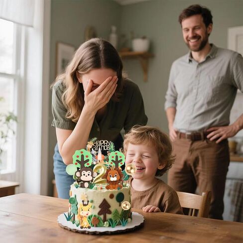 2st Birthday Safari Cake Toppers Set - 3D Lion, Monkey, Giraffe with Number 2 Candle, 8 Grass, Trees & Balls - 21PCS Jungle Animal Cake Decorations Kit for Boys Girls 2 Year Old Party (2st) in Kuwait