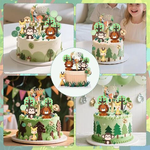 مجموعة أغطية الكعكة الثانية عيد ميلاد - أسد ثلاثي الأبعاد ، قرد ، زرافة مع شمعة 2 ، 8 العشب ، الأشجار والكرات - 21pcs مجموعة زينة كعكة الحيوان للبنين الفتيات 2 سنة (2st) in Kuwait