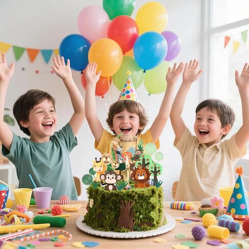 مجموعة أغطية الكعكة الثانية عيد ميلاد - أسد ثلاثي الأبعاد ، قرد ، زرافة مع شمعة 2 ، 8 العشب ، الأشجار والكرات - 21pcs مجموعة زينة كعكة الحيوان للبنين الفتيات 2 سنة (2st) in Kuwait