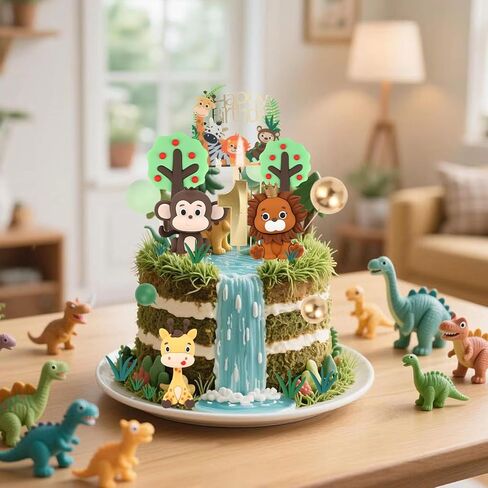 مجموعة أغطية الكعكة الثانية عيد ميلاد - أسد ثلاثي الأبعاد ، قرد ، زرافة مع شمعة 2 ، 8 العشب ، الأشجار والكرات - 21pcs مجموعة زينة كعكة الحيوان للبنين الفتيات 2 سنة (2st) in Kuwait