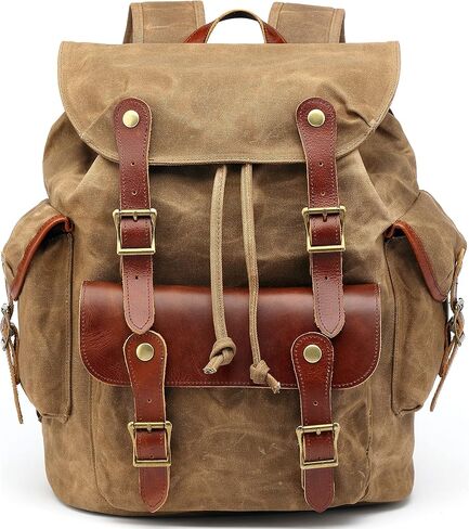 Huachen Vintage Vintage Heavy Duty Canvas Propack مع حواف جلدية ، وحمامية عسكرية للسفر ، والمشي لمسافات طويلة ، ومدرسة ، وحقبة الكتب الكلية - M85 Army Green in Kuwait