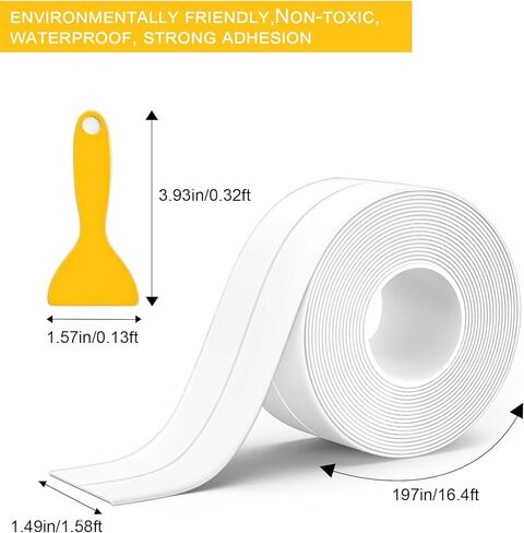 شريط لاصق ABSOFINE مقاوم للماء ذاتي اللصق، شريط مانع للتسرب للمرحاض الأبيض، شريط ختم الدش للمطبخ، سطح الطاولة، الحمام، الحوض، حوض الاستحمام، واقي حافة المرحاض مع أداة الختم (1.5 بوصة × 16.4 قدم) in Kuwait