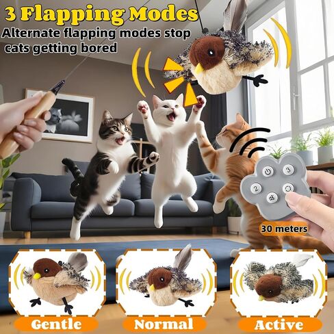 Flapping Bird Cat Toys (No Flying),Remote Control USB Rechargeable Kitten Toy,Chew-Resistant and Lifelike Bird Chirp,Simulates Owl Wing Flapping with 3 Speed,for Indoor Cats/Dogs/Pet,Catmint Included in Saudi Arabia