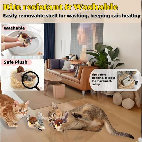 Flapping Bird Cat Toys (No Flying),Remote Control USB Rechargeable Kitten Toy,Chew-Resistant and Lifelike Bird Chirp,Simulates Owl Wing Flapping with 3 Speed,for Indoor Cats/Dogs/Pet,Catmint Included in Saudi Arabia