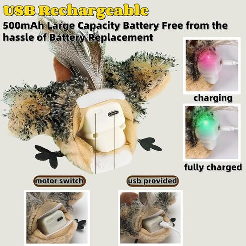 Flapping Bird Cat Toys (No Flying),Remote Control USB Rechargeable Kitten Toy,Chew-Resistant and Lifelike Bird Chirp,Simulates Owl Wing Flapping with 3 Speed,for Indoor Cats/Dogs/Pet,Catmint Included in Saudi Arabia