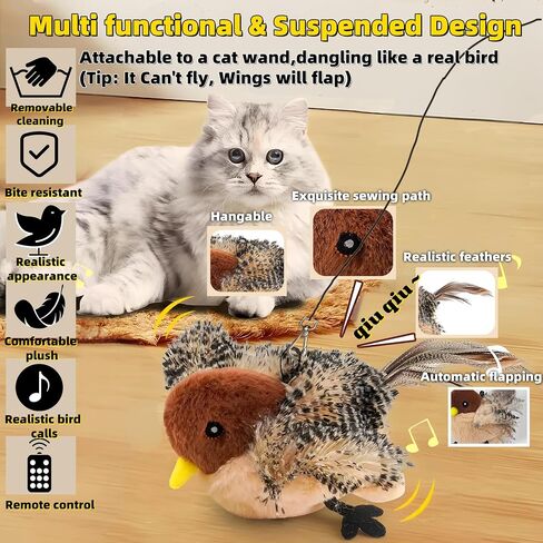 Flapping Bird Cat Toys (No Flying),Remote Control USB Rechargeable Kitten Toy,Chew-Resistant and Lifelike Bird Chirp,Simulates Owl Wing Flapping with 3 Speed,for Indoor Cats/Dogs/Pet,Catmint Included in Saudi Arabia