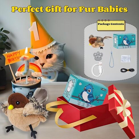 Flapping Bird Cat Toys (No Flying),Remote Control USB Rechargeable Kitten Toy,Chew-Resistant and Lifelike Bird Chirp,Simulates Owl Wing Flapping with 3 Speed,for Indoor Cats/Dogs/Pet,Catmint Included in Saudi Arabia