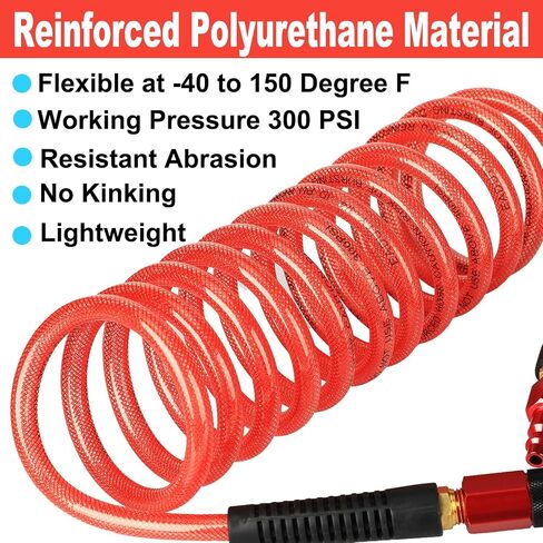 Heavy Duty Reinforced Polyurethane Air Hose 1/4 in x 50 ft, Lightweight, Flexible Compressor Hose with Universal Quick Coupler, Plug and Bend Restrictors, Red in Kuwait