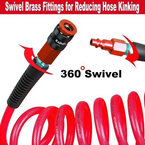 Heavy Duty Reinforced Polyurethane Air Hose 1/4 in x 50 ft, Lightweight, Flexible Compressor Hose with Universal Quick Coupler, Plug and Bend Restrictors, Red in Kuwait
