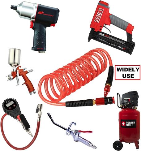 Heavy Duty Reinforced Polyurethane Air Hose 1/4 in x 50 ft, Lightweight, Flexible Compressor Hose with Universal Quick Coupler, Plug and Bend Restrictors, Red in Kuwait