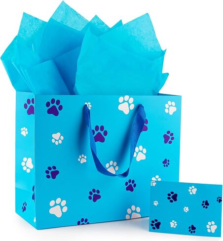 FUNCANDLE 13" Blue Dog Paw Print Gift Bags with Cards Tissue Paper, Blue White Dog Wrapping Paper Dog Themed Party Decoration for Girl Boy Kids Christmas Pet Birthday Gift Party Supplies in Saudi Arabia