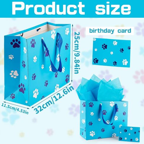 FUNCANDLE 13" Blue Dog Paw Print Gift Bags with Cards Tissue Paper, Blue White Dog Wrapping Paper Dog Themed Party Decoration for Girl Boy Kids Christmas Pet Birthday Gift Party Supplies in Saudi Arabia