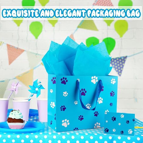 FUNCANDLE 13" Blue Dog Paw Print Gift Bags with Cards Tissue Paper, Blue White Dog Wrapping Paper Dog Themed Party Decoration for Girl Boy Kids Christmas Pet Birthday Gift Party Supplies in Saudi Arabia