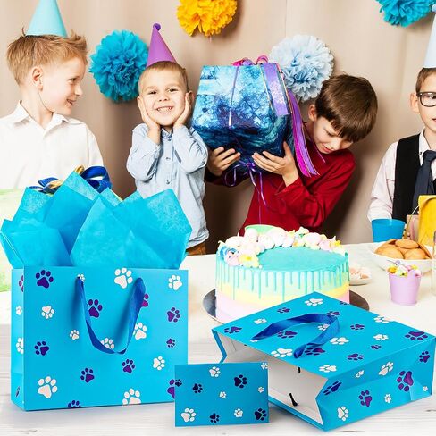 FUNCANDLE 13" Blue Dog Paw Print Gift Bags with Cards Tissue Paper, Blue White Dog Wrapping Paper Dog Themed Party Decoration for Girl Boy Kids Christmas Pet Birthday Gift Party Supplies in Saudi Arabia