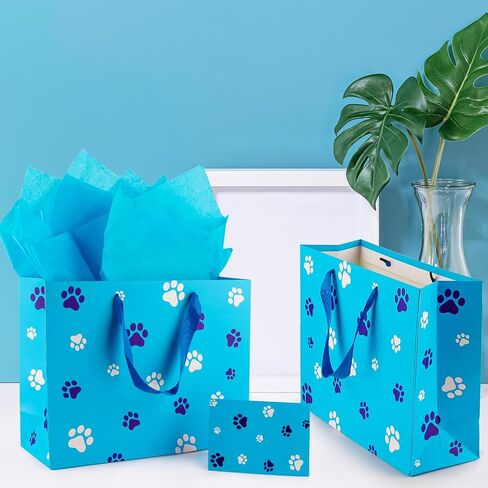 FUNCANDLE 13" Blue Dog Paw Print Gift Bags with Cards Tissue Paper, Blue White Dog Wrapping Paper Dog Themed Party Decoration for Girl Boy Kids Christmas Pet Birthday Gift Party Supplies in Saudi Arabia