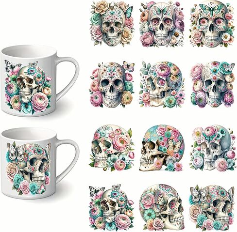 12pcs Flowers Skull Gothic Skull UV DTF Cup Wraps Transfer Waterproof Sticker for Glass Cups Furniture Craft DIY Crafts，Rub on Transfer Stickers for DIY Water Bottle Laptop Decal Wood Car in Saudi Arabia