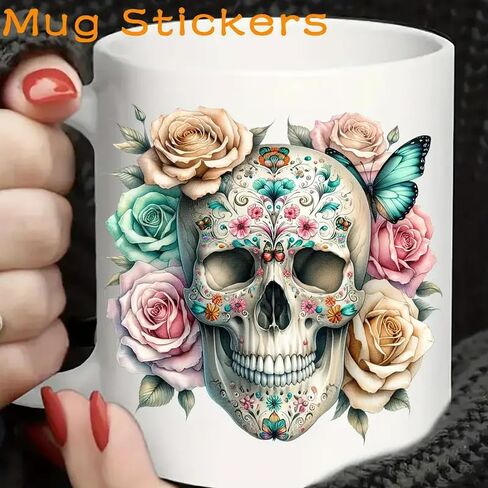 12pcs Flowers Skull Gothic Skull UV DTF Cup Wraps Transfer Waterproof Sticker for Glass Cups Furniture Craft DIY Crafts，Rub on Transfer Stickers for DIY Water Bottle Laptop Decal Wood Car in Saudi Arabia