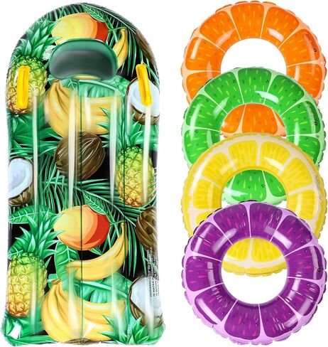 5 Pack Pool Floats Kids Fruit Inflatable Pool Floats Swim Ring Lemon Swim Tube Rings with Inflatable Surfboard for Kids Luau Hawaiian Beach Birthday Party Decoration in Saudi Arabia