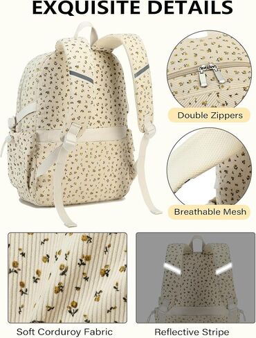 Backpack for Girls Big Student Corduroy Laptop Backpack for College Kids Elementary Middle High School Bag Anti Theft Bookbag Travel Daypack Womens(Corduroy Beige Floral) in Saudi Arabia