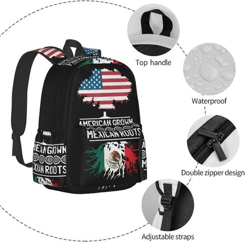 أمريكان مكسيك المكسيك العلم المكسيكي الجذور المكسيكية على الظهر المحمول على الظهر الكتف مزدوج كتف حزمة حزمة حزمة الظهر غير رسمي حقائب دبقية خفيفة الوزن مع جيوب جانبية للتنزه في مجال الأعمال التجارية in Kuwait