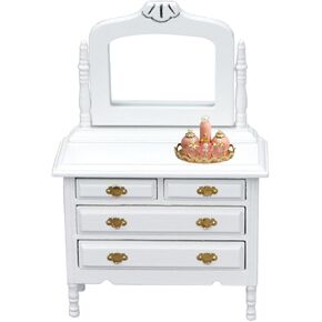 Dollhouse Makeup Vanity with Mirror & Perfume Tray 1/12 Miniature Dressing Table for Dollhouse Bedroom Furniture Decoration