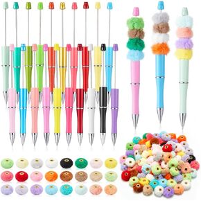 120 Pcs DIY Beadable Pens Kit, 20 Plastic Beaded Pens, 100 Fuzzy Beads Mixed Color Fluffy Faux Fur Pom Poms Beads for DIY Office Supplies Gifts