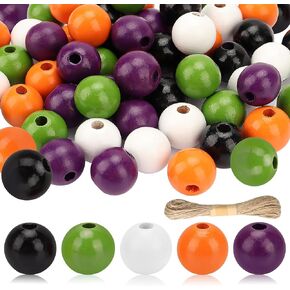Lucleag 200Pcs Halloween Craft Wooden Bead, Black White Orange Green Purple Round Wooden Beads DIY Crafts Kits, Halloween Wood Beads Ornaments with Hemp Rope for Halloween Gifts Party Supplies