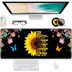 Desk Pad Mat Gaming Mouse Pads with Coasters, 31.5" x 11.8" Large Keyboard Mat Desk Decor Writing Pad Non Slip Rubber Base Stitched Edges for Work Game Office Home, Sunflower Inspirational Quotes