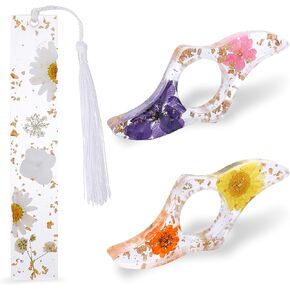 Ouligay 3Pcs Book Page Holder Dried Flower Thumb Book Holder Transparent Thumb Ring Dried Flower Resin Bookmark Reading Books Accessories Best Friend Gifts Friendship for Teacher Books Lovers