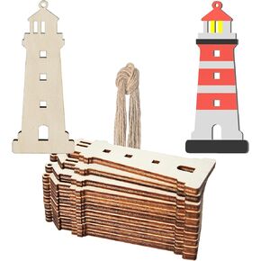 Unfinished Lighthouse Shaped Wood Tag Wood Cutout Slices Wooden Tags for Beach Nautical Decor Christmas Holiday Wedding Birthday Party Decoration 10 Pcs