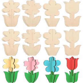 60PCS Unfinished Wood Flower Crafts for Kids, Wooden Painting Bulk Crafts for Adults, 4 Styles DIY 3D Flowers Cutouts Ornaments for Home Decorations Gift DIY Crafts