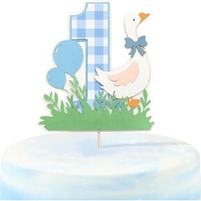Blue Goose Cake Topper For Boys- First Year Cake Smash Decorations, Blue Gingham One Goose Cake Picks, Baby Girls 1 Year Animal Cake Photo Props