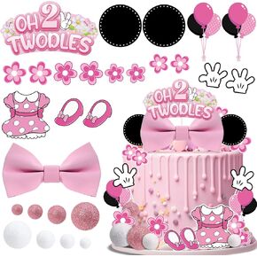 GZDUCK Oh Twodles Cake Topper for Girls- 46Pcs Pink Mouse Birthday Decorations 2nd Cake Topper Oh Twodles Birthday Decorations for Boys Girls Kids 2 Year Old Party Decorations
