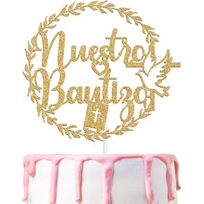 Nuestro Bautizo Cake Topper, Religious My Baptism, Christening Baby Shower 1st Birthday Party Decorations Supplies, Gold Glitter