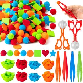 EZdhuawuse Summer Sensory Bin Fillers - 387Pcs Sea Ocean Animal Multi-Pack Fine Motor Toys Math Color Sorting Set for Multiple Kids, Felt Shark Crab Pom Poms Cup Clip for Preschool Education Training