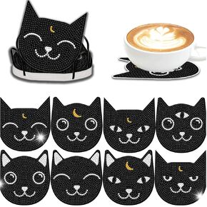 GUAOOYY 8 Pack Diamond Painting Coasters, Black Cat Shape Diamond Art Kits for Adults, Wooden Diamond Art Coasters with Holder, Cute Cat Coasters for Drinks, Easy Crafts for Adults