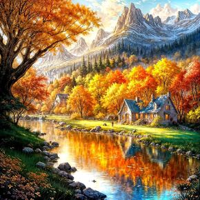 Fall Mountain Lake House Diamond Painting Kits for Adults, 5D Diamond Art Kits for Adults Beginners, DIY Full Round Drill Diamond Dot Painting Gem Art Kits for Adult, Home Wall Decor 13.8x13.8 Inch