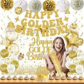 Golden Birthday Party Decorations, Happy Birthday Banner Backdrop Balloon Sash Honeycomb Ball Ceterpiece Cake Topper, Golden Party Decor for Women Men