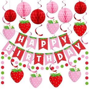 Funrous 17 Pcs Strawberry Party Decorations Set Strawberry Birthday Paper Garland Hanging Honeycomb Polka Dot Banners for Summer Berry Sweet Theme Birthday Baby Shower Party Supplies Decoration