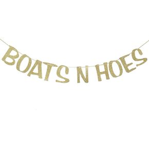 Boats N' Hoes Banner Gold Glitter for Bachelorette Nautical Theme Engagement Bridal Shower Birthday Decor Photo Booth Props