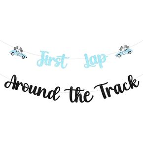 Sursurprise First Lap Around The Track Birthday Banner - Boy’s Retro Race Car 1st Birthday Decorations, Fast One Cars Theme Checkered Flag Party supplies