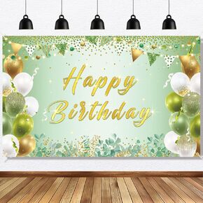 Sage Green Birthday Party Decorations - Green Gold Backdrop, Light Green Happy Birthday Banner for Girls, Baby, Women - 6 x 3.6ft